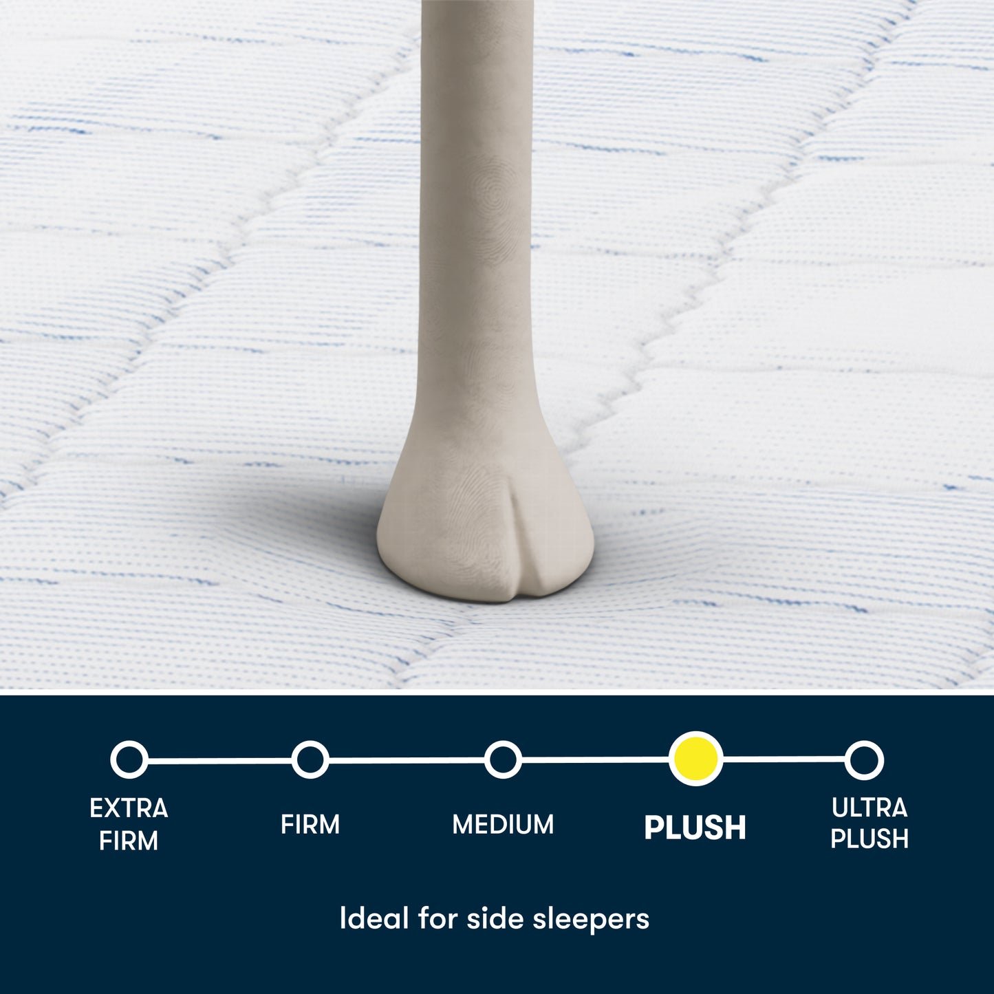 Image of a Serta sheep foot stepping on a Serta mattress showing the plush size.