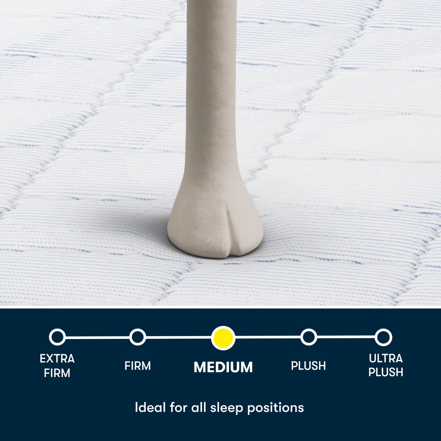 Image of a Serta sheep foot stepping on a Serta mattress showing the medium size.