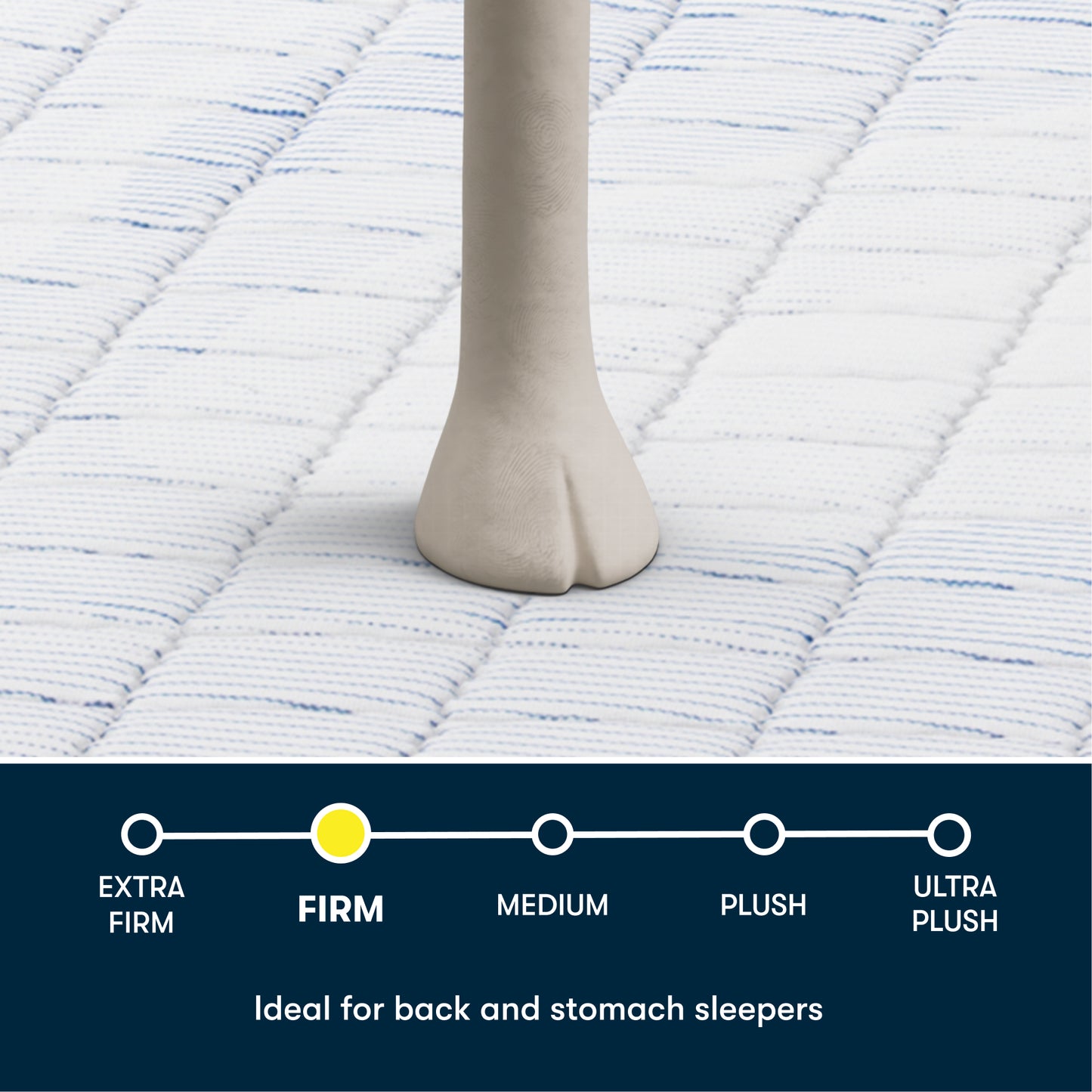 Image of a Serta sheep foot stepping on a Serta mattress showing the Firm size.