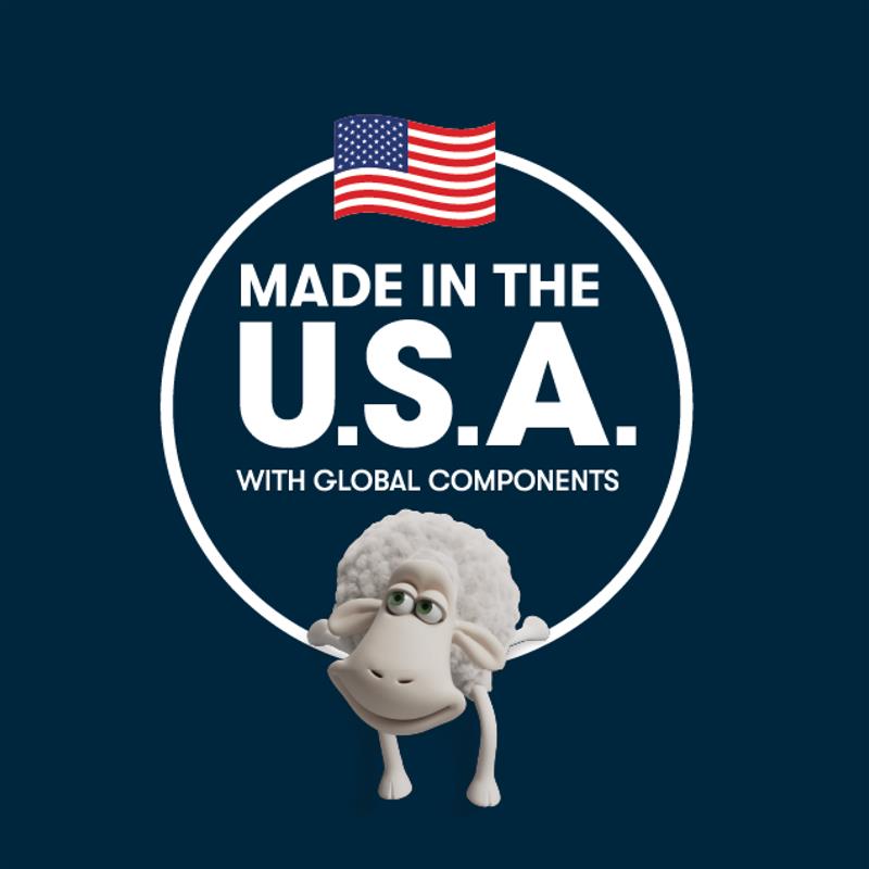 Logo with a sheep cartoon character and 'Made in the U.S.A. with Global Components' text on a blue background.