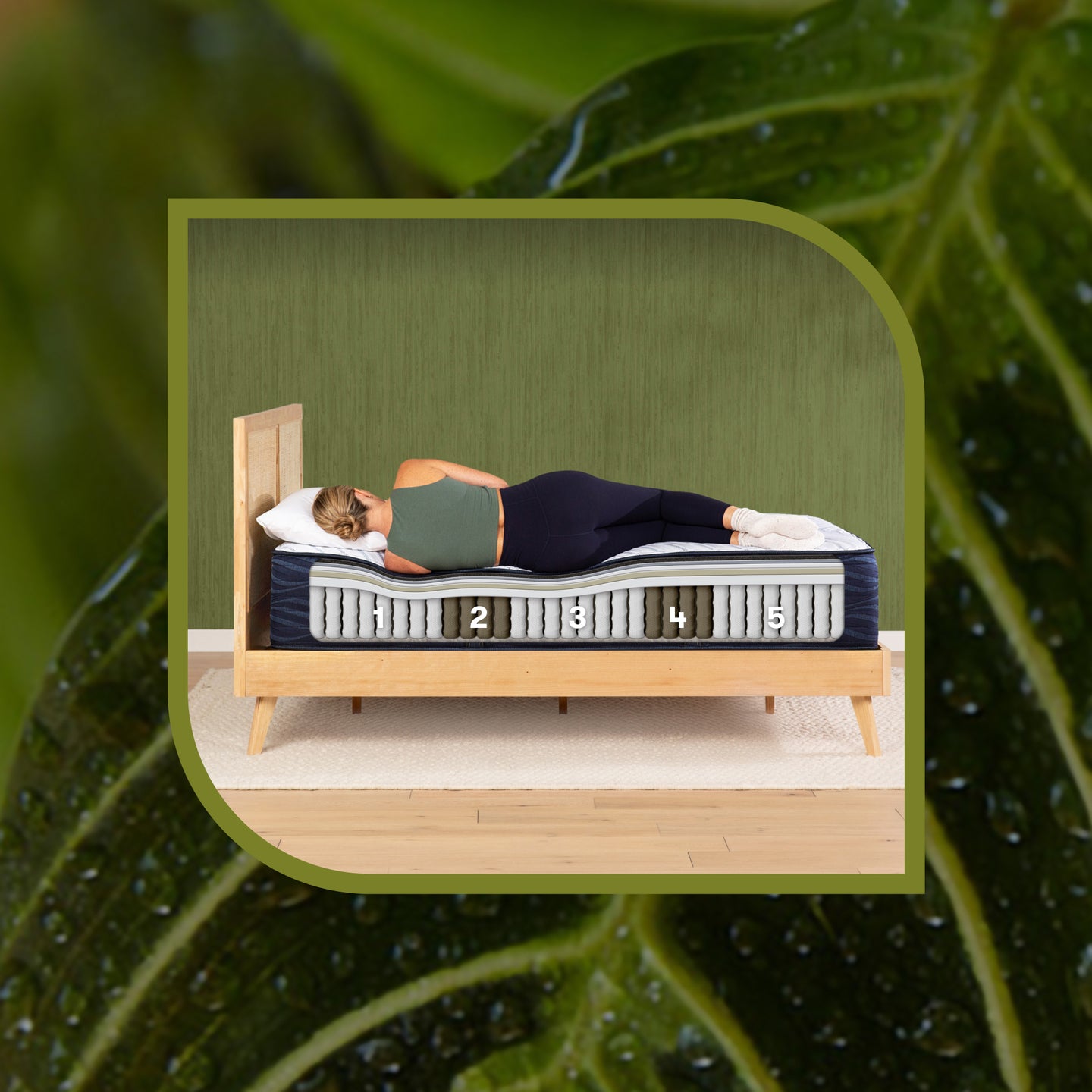 Diagram of the materials inside the Serta icomfortECO mattress while a woman sleeps on her side