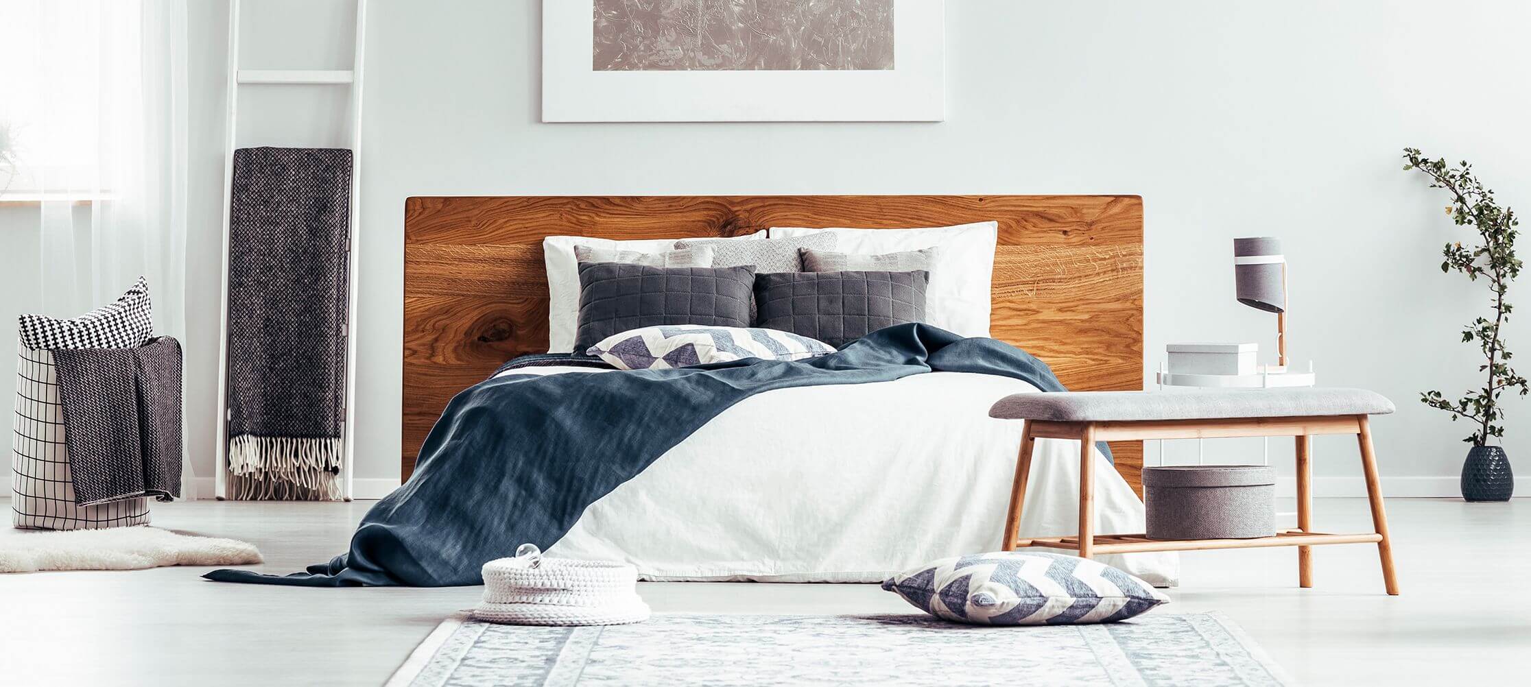 Modern bedroom with wooden headboard