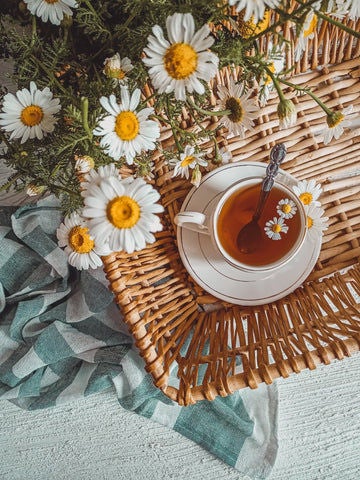 Chamomile tea with daisies in wicker setting