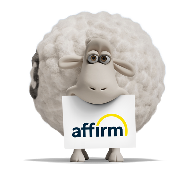 Sheep holding Affirm sign with logo