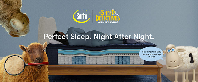 Serta Sheep Detectives banner with a woman asleep on her left side. Perfect Sleep. Night after Night