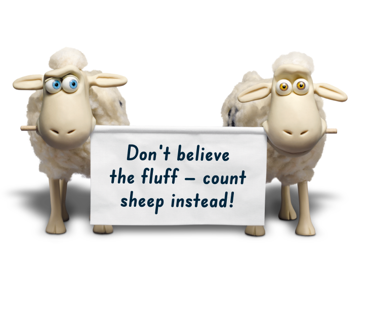 Two Serta sheeps holding a banner in their mouths with the caption stating Don't believe the fluff - count sheep instead!