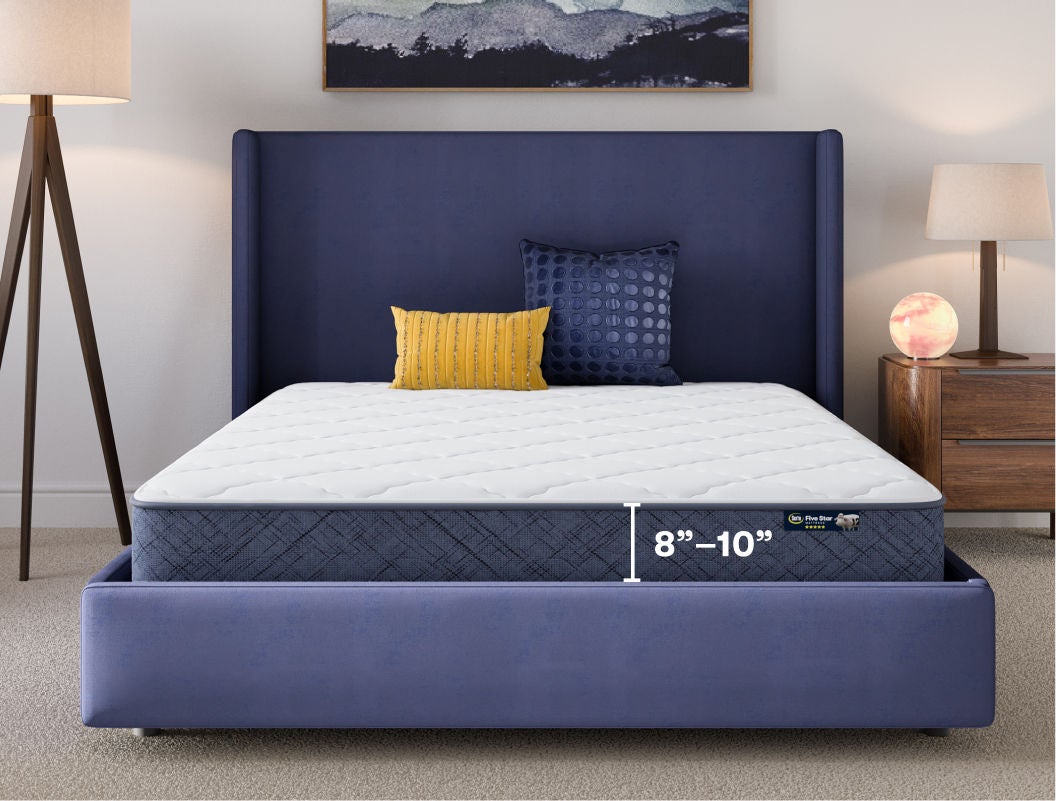 Modern bed with mattress, 8–10 inch depth