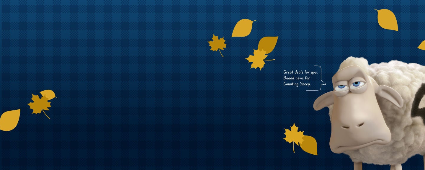 Graphic of the serta sheep on a blue background talking about mattress sales