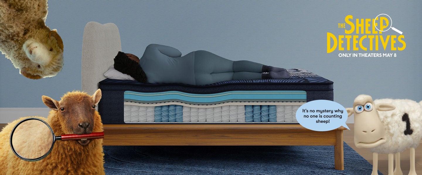 Woman laying on her left side on top of a Serta mattress surrounded by 3 sheep with a banner in the top right corner stating The Sheep Detectives Only in Theaters May 8