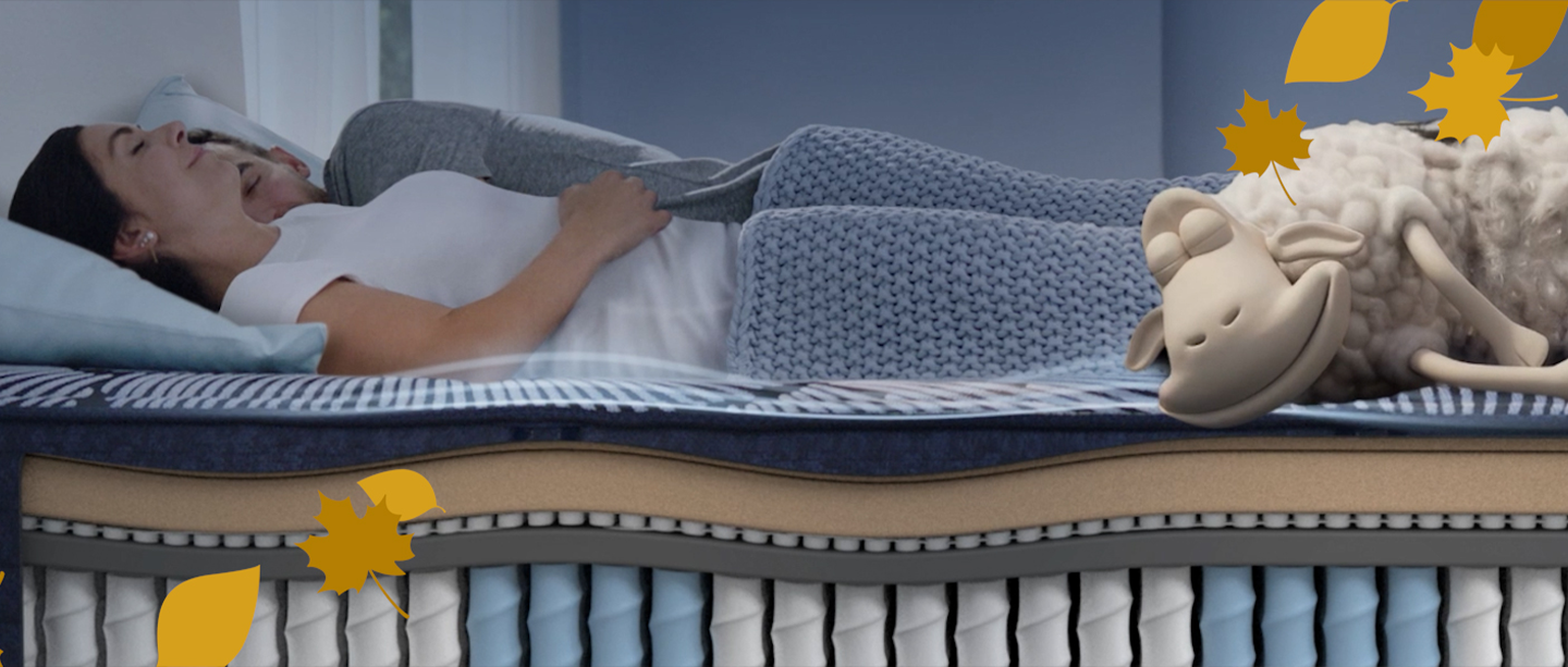 couple laying on a fall themed bed