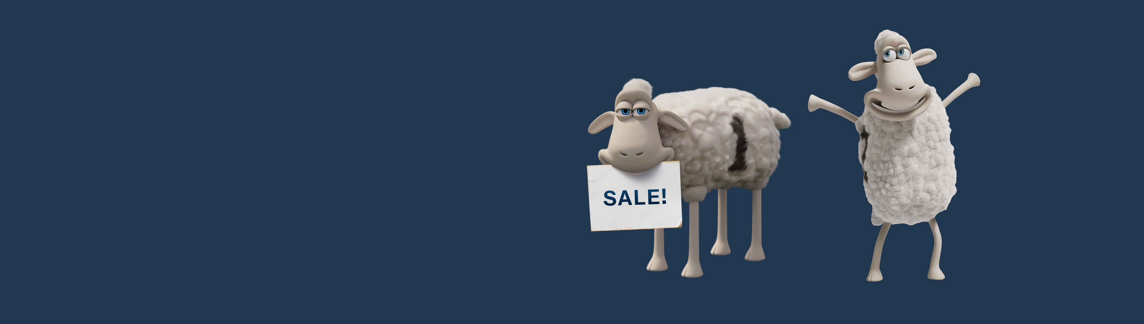 Two cartoon sheep with sale sign