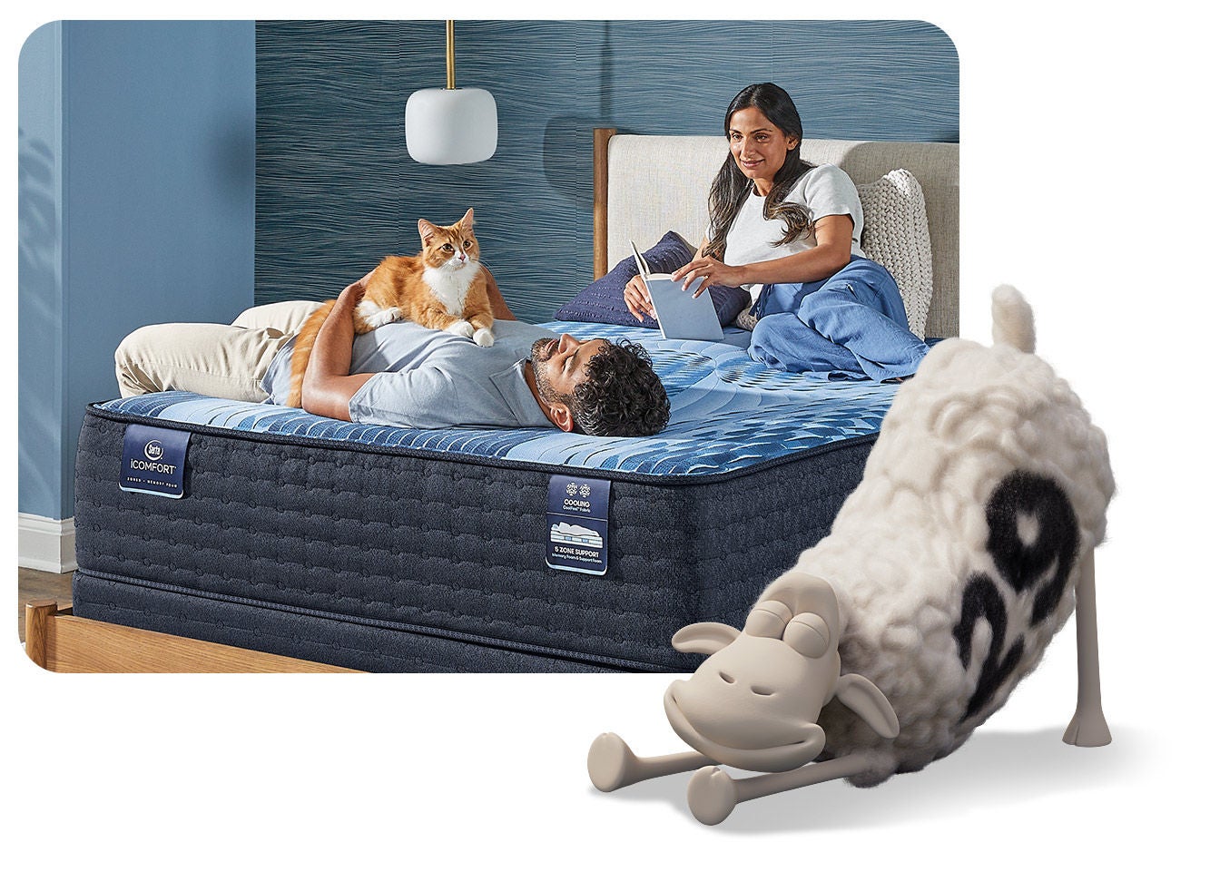 Comfortable mattress with couple and cat