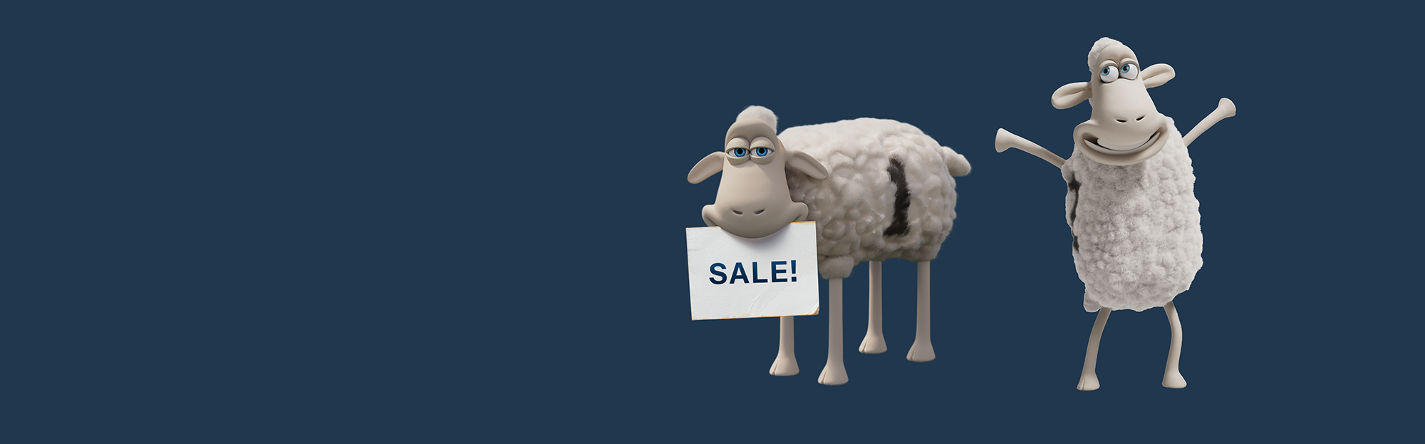 Two Serta sheep holding a sign that reads sale