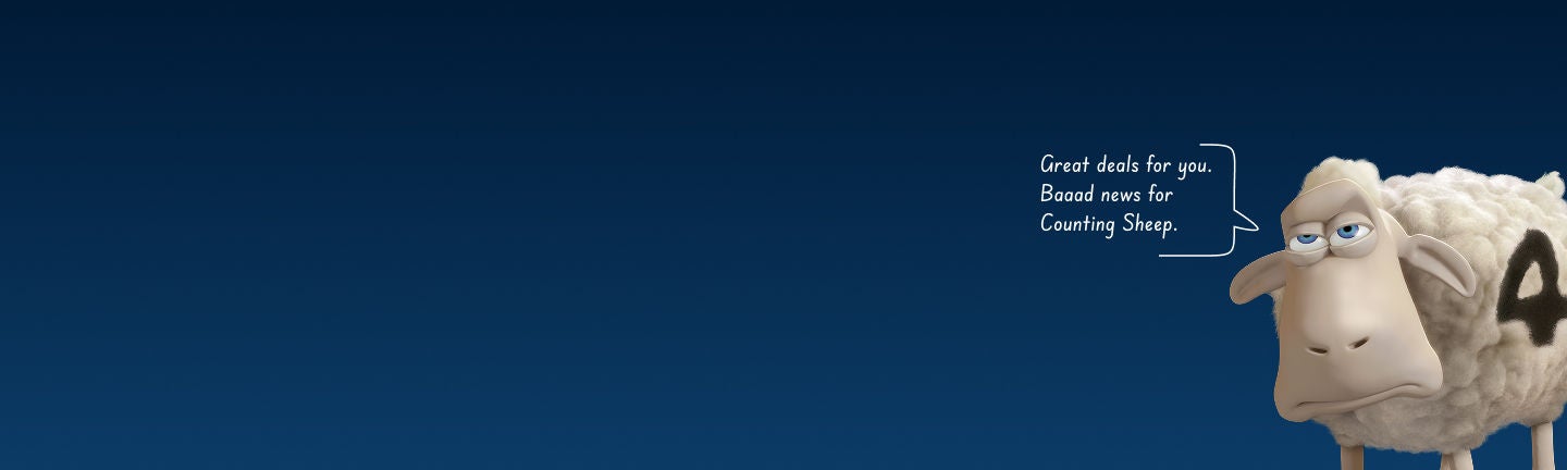 Image of Serta sheep on a blue background with a caption stating great deals for you. Baaad news for Counting Sheep.