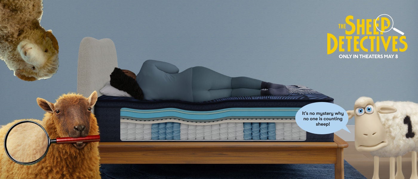 Woman laying on her left side on top of a Serta mattress surrounded by 3 sheep with a banner in the top right corner stating The Sheep Detectives Only in Theaters May 8