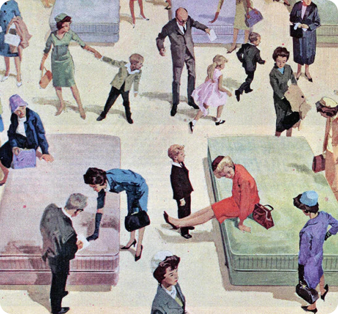 Vintage mattress shopping scene illustration