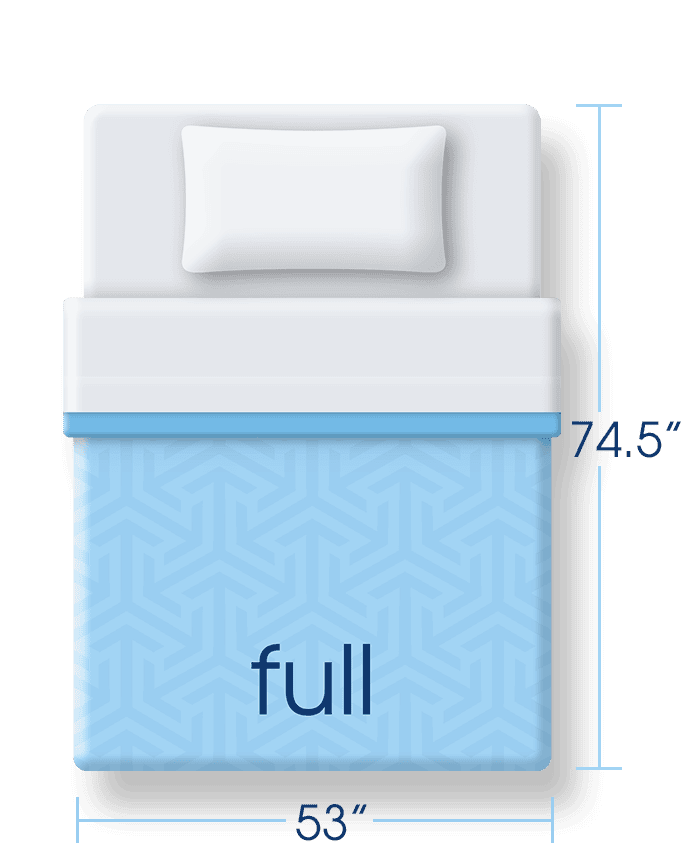 Full-size bed with dimensions displayed