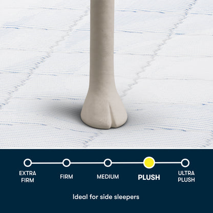 Image of a Serta sheep foot stepping on a Serta mattress showing the Plush Pillow Top size.