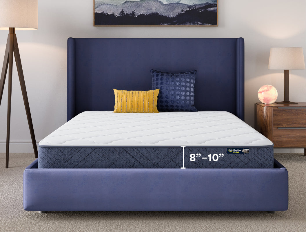 8 inch to 10 inch mattress in a blue bed frame with 2 pillows on top of it.
