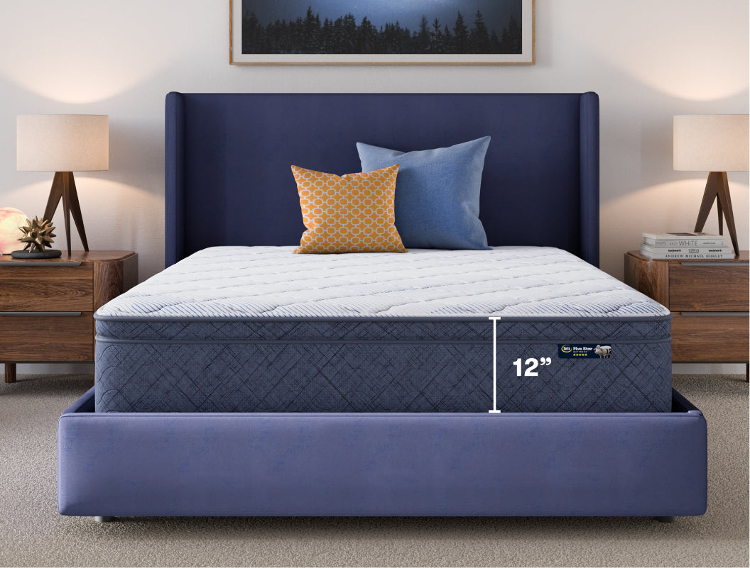 12 inch mattress in a blue bed frame with 2 pillows on top of it.