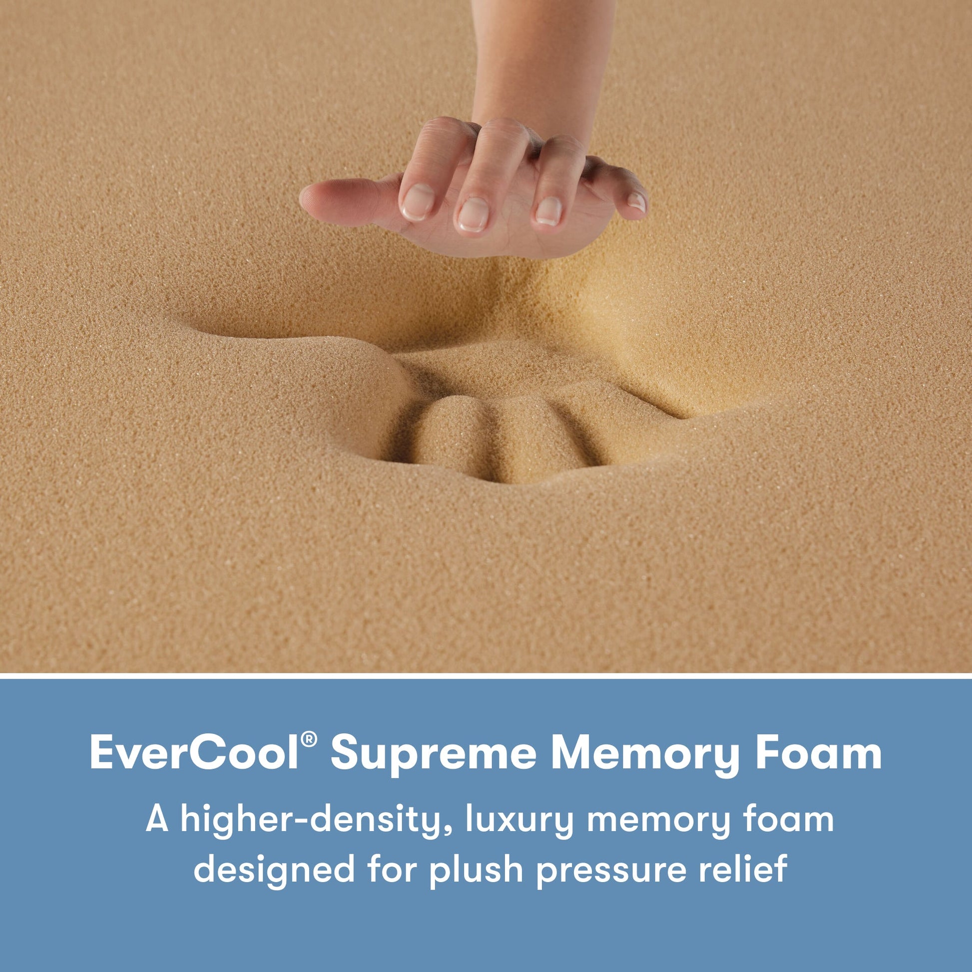 Woman's hand pressing on the memory foam inside of a Perfect Sleeper X Quilted Hybrid Excelled Plush Mattress || feel: Enhanced Plush || level: Level 1