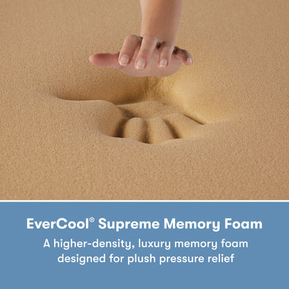 Woman's hand pressing on the memory foam inside of a Perfect Sleeper X Quilted Hybrid Excelled Plush Mattress || feel: Enhanced Plush || level: Level 1