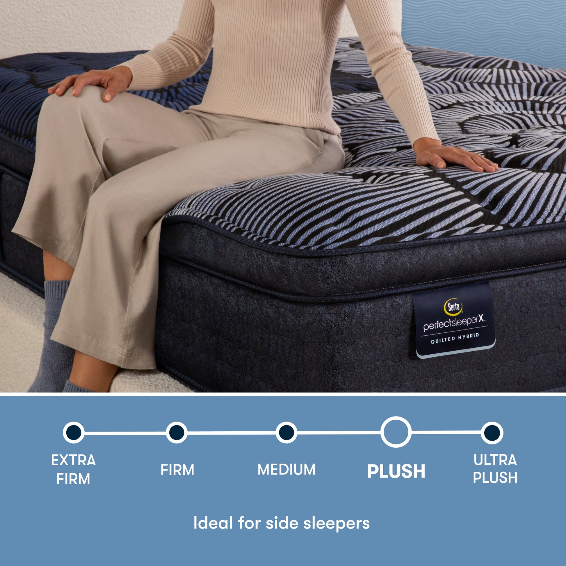 Perfect Sleeper X Quilted Hybrid Max Plush Pillow Top comfort scale with a woman sitting on the left side of the mattress || feel: Plush Pillow Top || level: Level 2