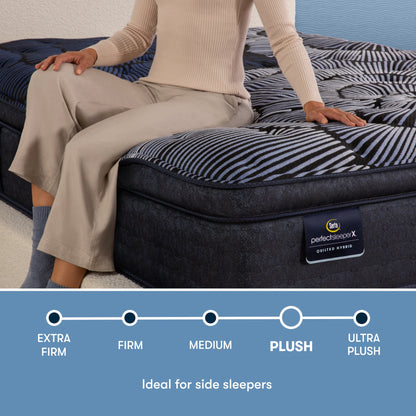 Perfect Sleeper X Quilted Hybrid Max Plush Pillow Top comfort scale with a woman sitting on the left side of the mattress || feel: Plush Pillow Top || level: Level 2