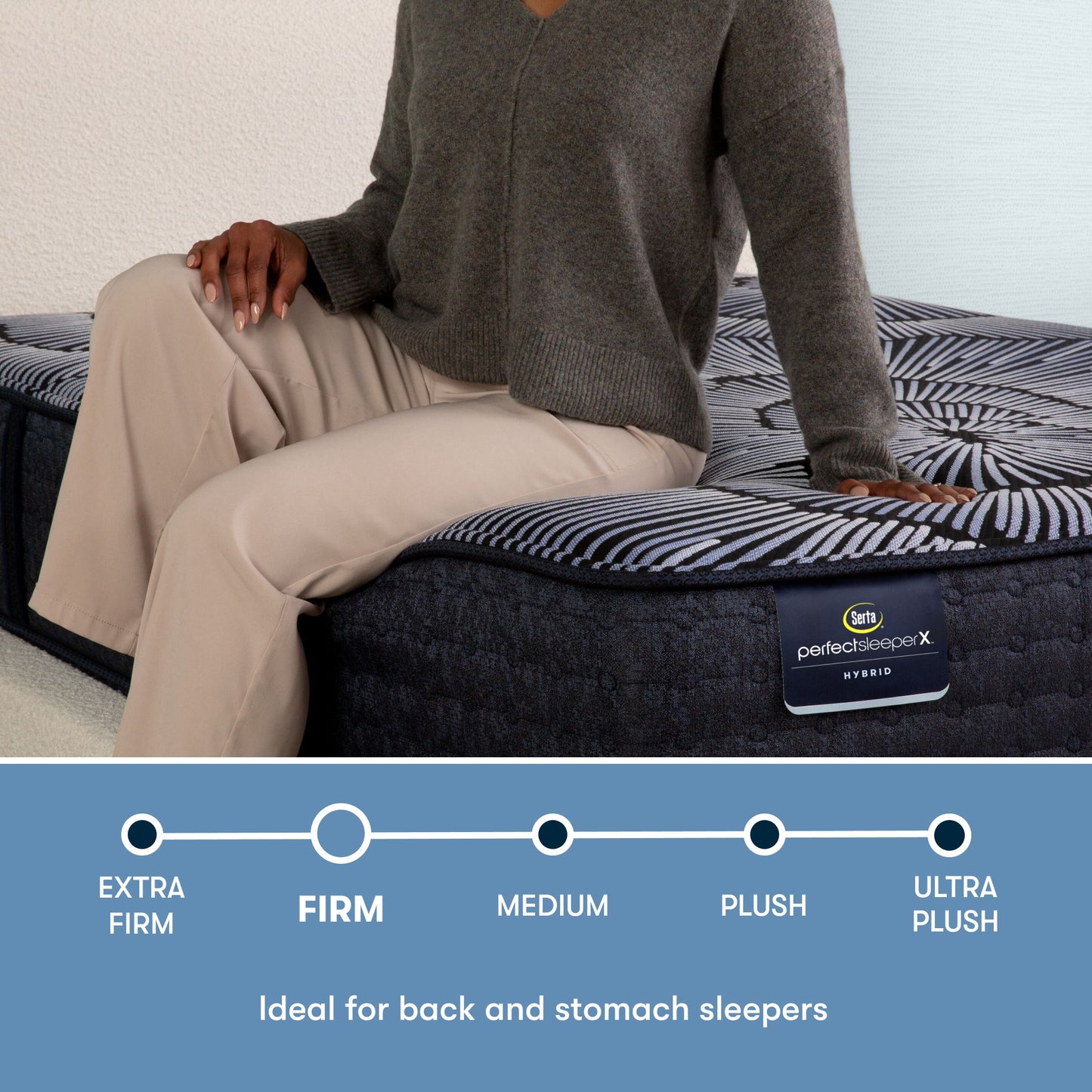 Perfect Sleeper X Hybrid Aspen Firm Mattress comfort scale with a woman sitting on the left side of the mattress || feel: firm || level: Level 1