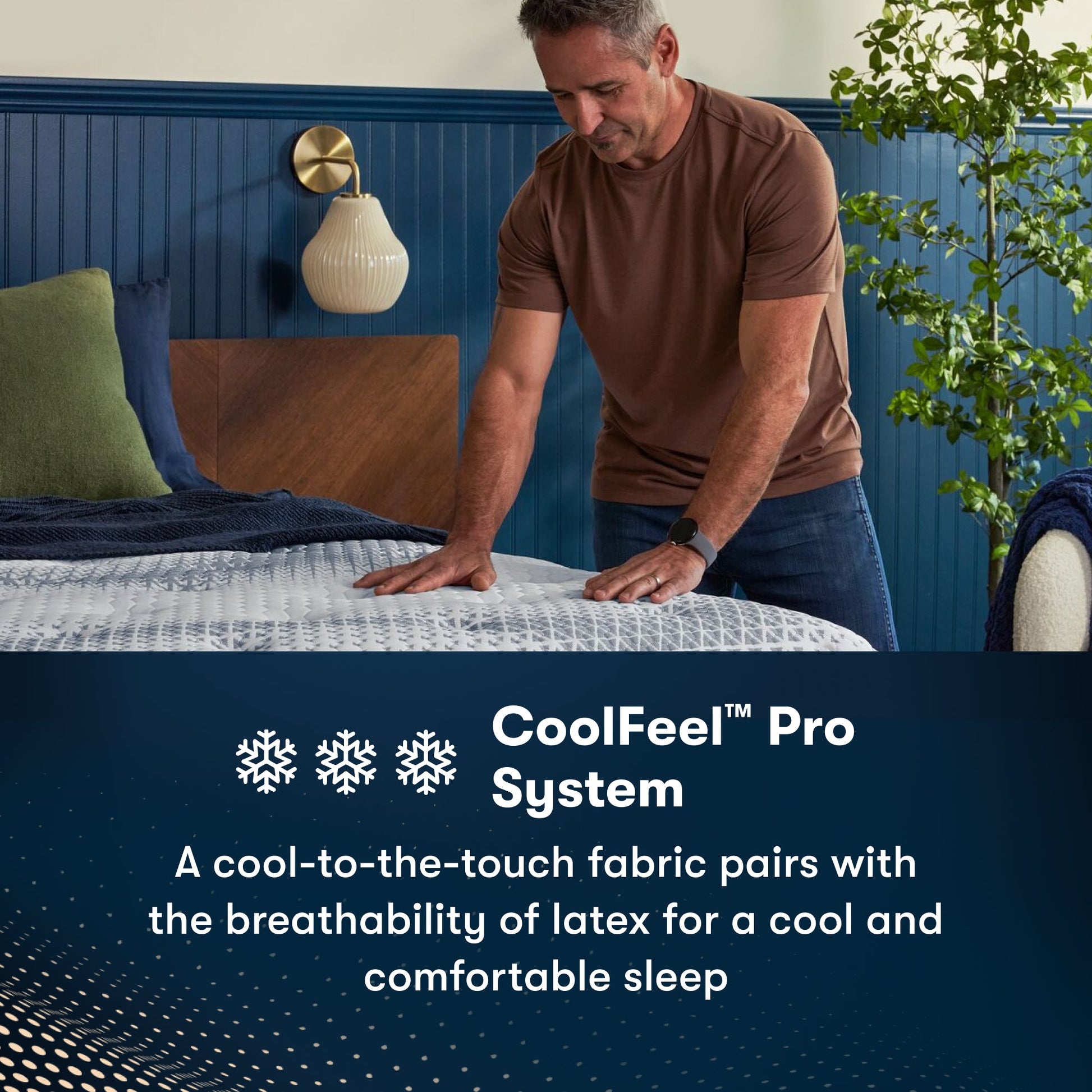 Man standing at the right of an iComfortPro Chelsea Medium Mattress feeling the comfort || feel: Medium || level: Level 1