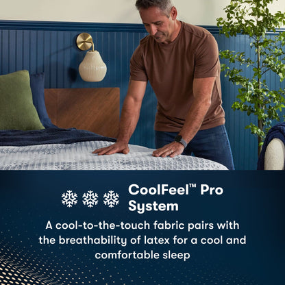 Man standing at the right of an iComfortPro Chelsea Medium Mattress feeling the comfort || feel: Medium || level: Level 1