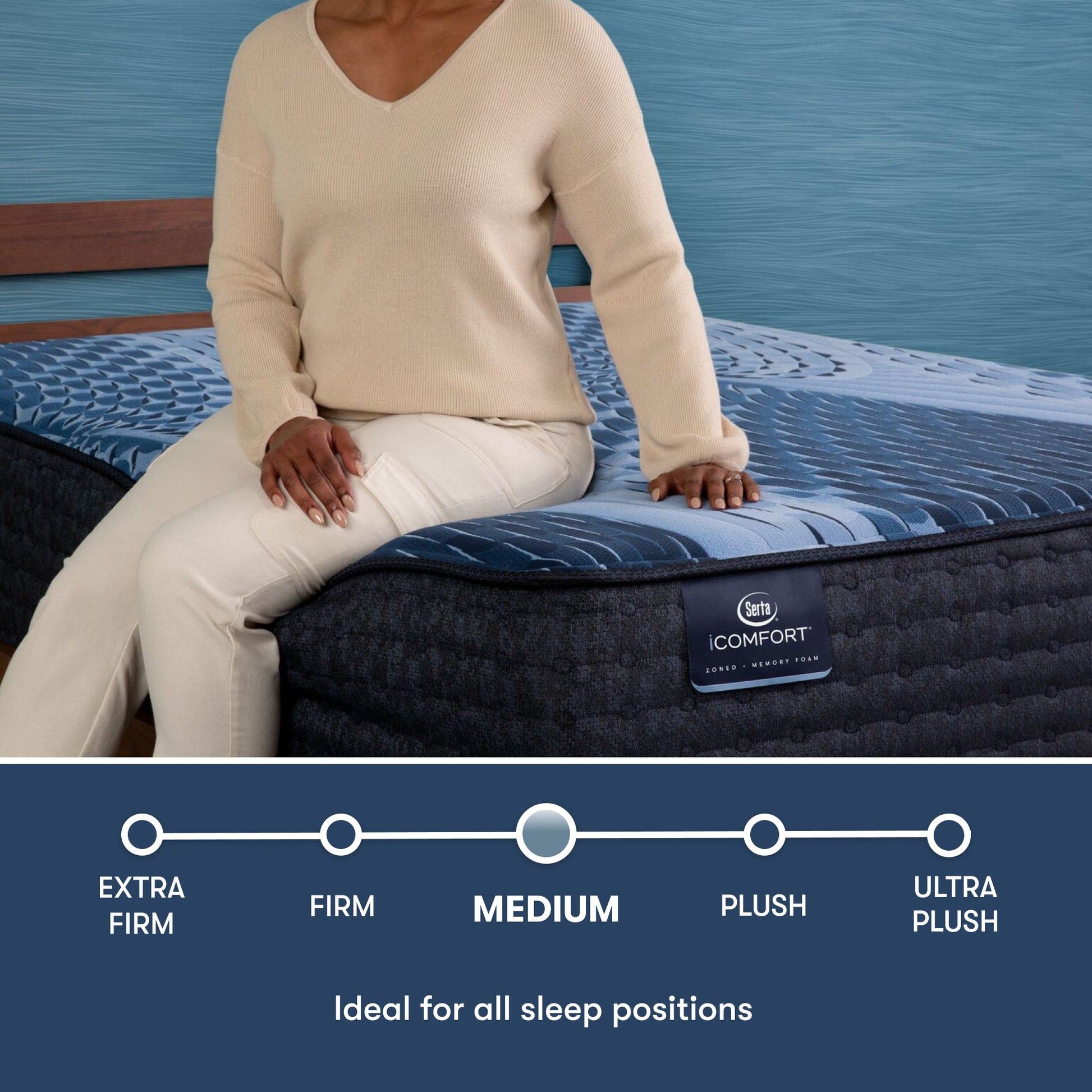 Woman sitting on the side of an iComfort Aspire Medium Mattress || feel: medium || level: Enhanced - 14"