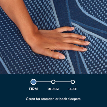Womans hand pressing on a Serta iSeries firm blue mattress with a mini chart stating Firm, Medium, plush, with Firm selected and a statement great  for stomach or back sleepers below it||feel: firm||level: enhanced
