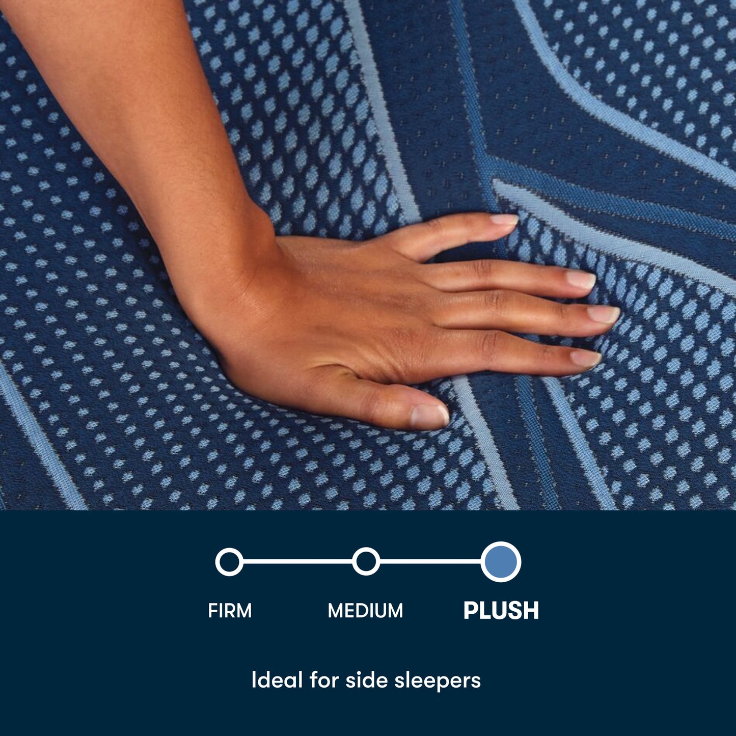 Womans hand pressing on a Serta iSeries plush blue mattress with a mini chart stating Firm, Medium, plush, with Plush selected and a statement ideal for side sleepers below it|||feel: plush||level: Ultimate