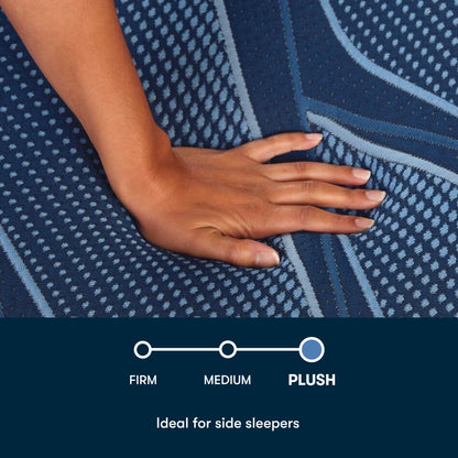Womans hand pressing on a Serta iSeries plush blue mattress with a mini chart stating Firm, Medium, plush, with Plush selected and a statement ideal for side sleepers below it|||feel: plush||level: Ultimate
