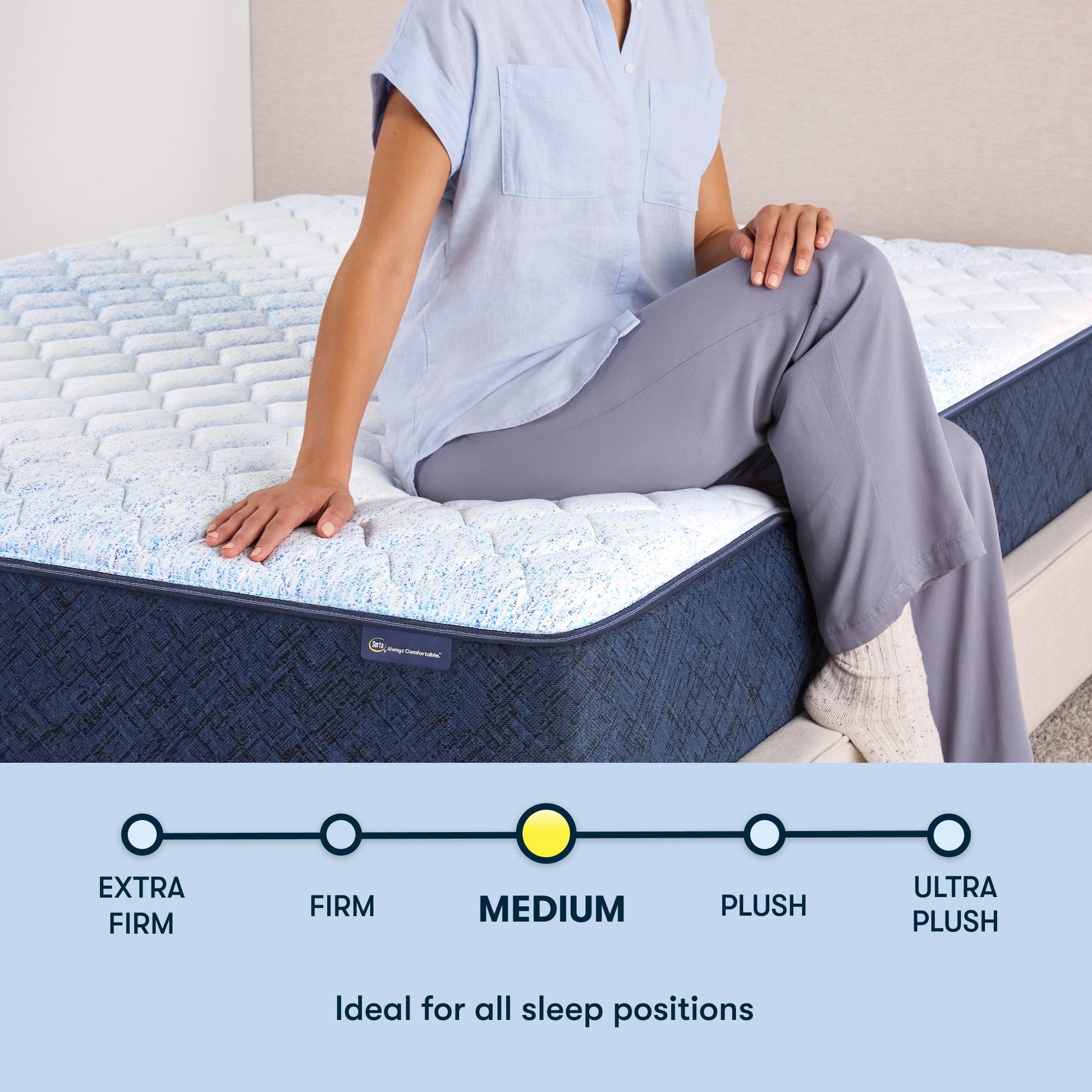 Woman sitting on the right of a 12 inch hybrid mattress sitting in a beige bedframe || feel: Medium