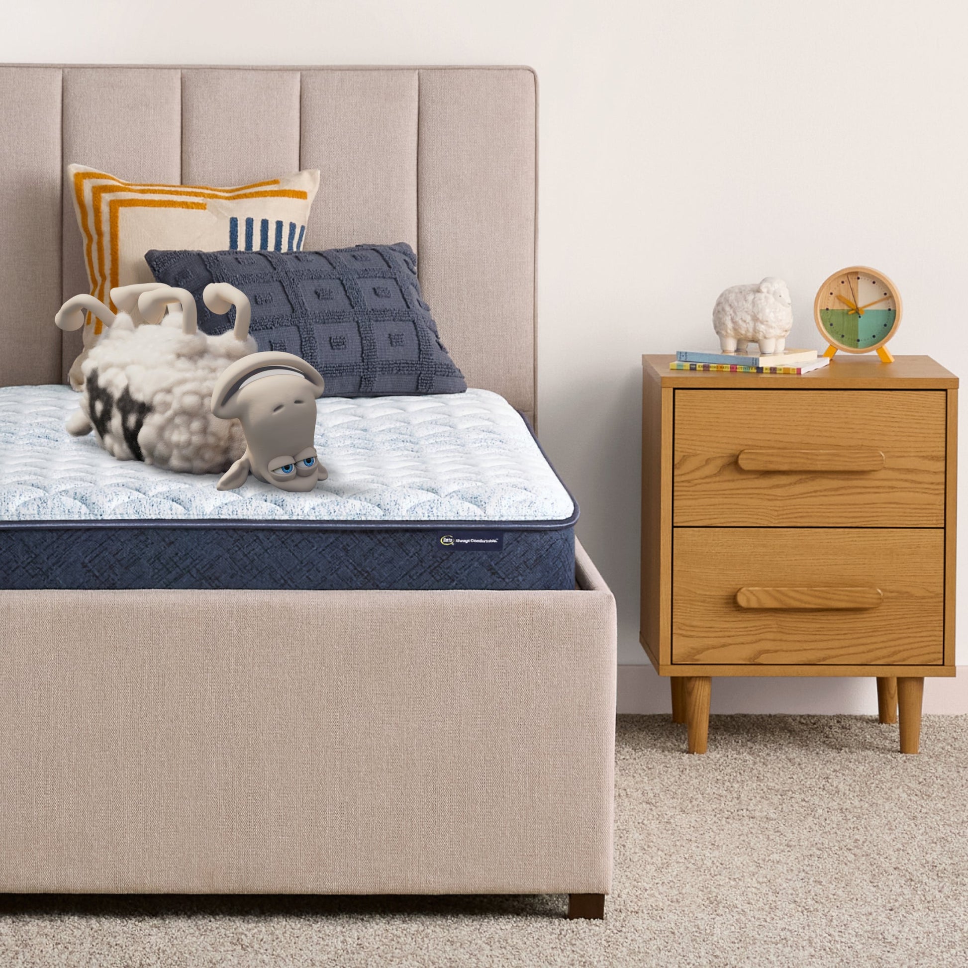 Sheep laying upside down on an 6 inch foam mattress sitting in a beige bedframe || feel: Foam (6" Profile)