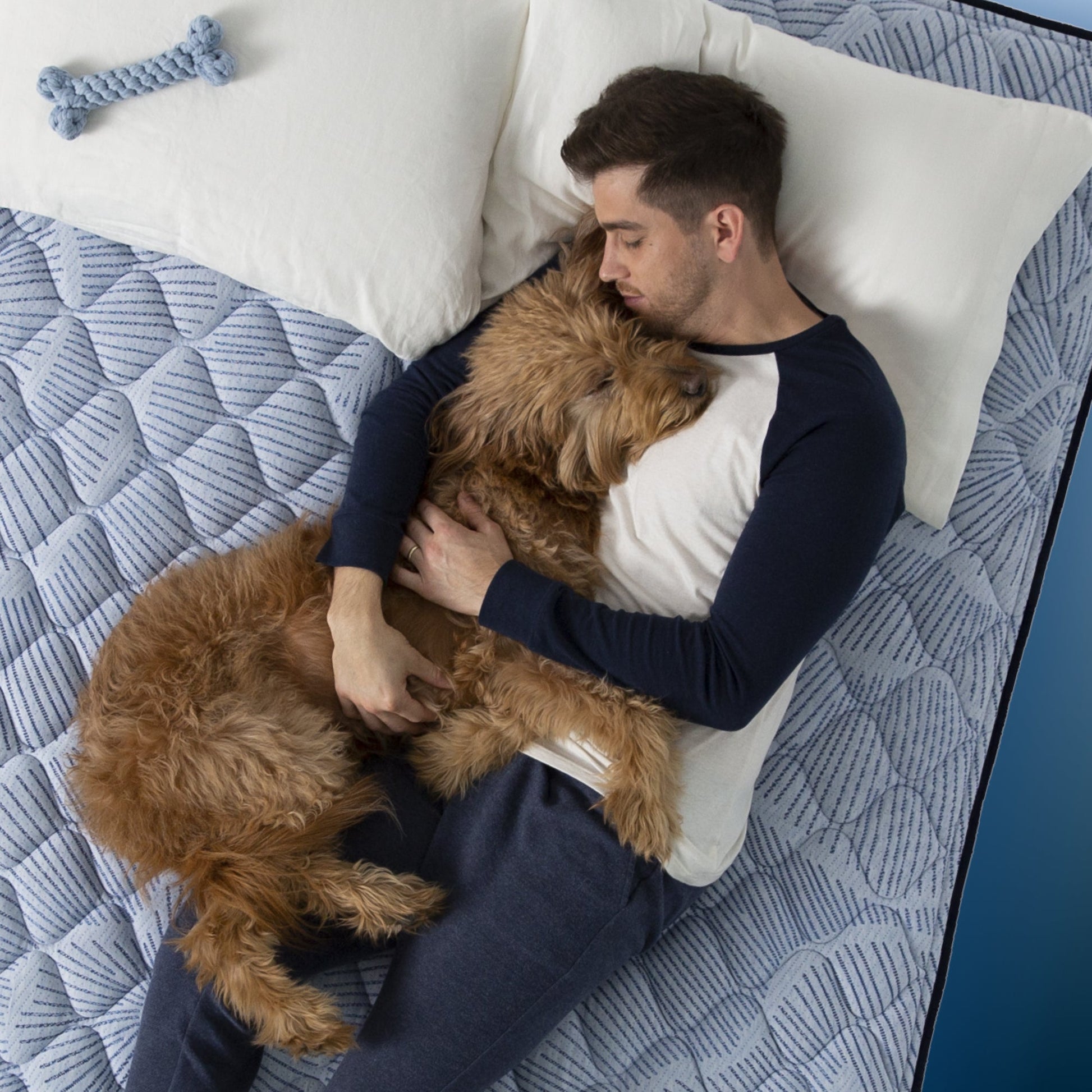 Man hugging his dog on a Serta Perfect Sleeper mattress||feel: plush pillow top||level: enhanced