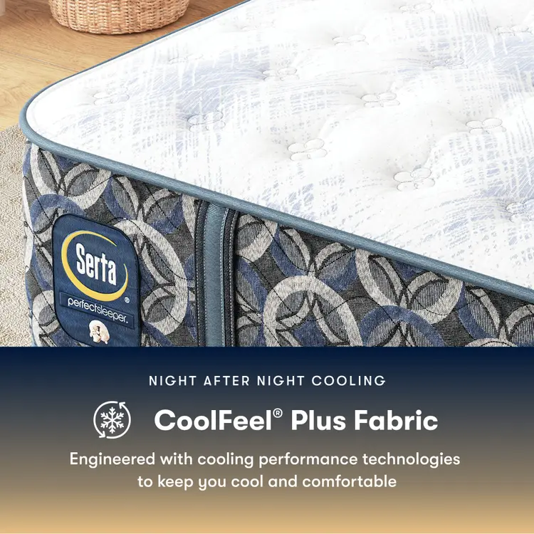 Serta perfect sleeper plush mattress with CoolFeel Plus Fabric feature on a wooden floor.