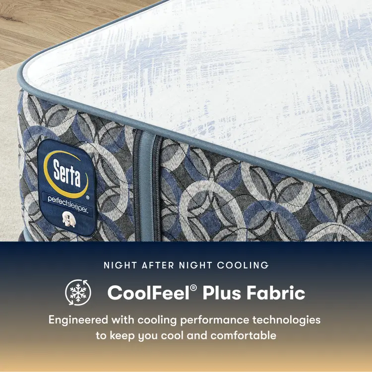 Serta pefect sleeper hybrid plush mattress with CoolFeel Plus Fabric feature on a wooden floor.