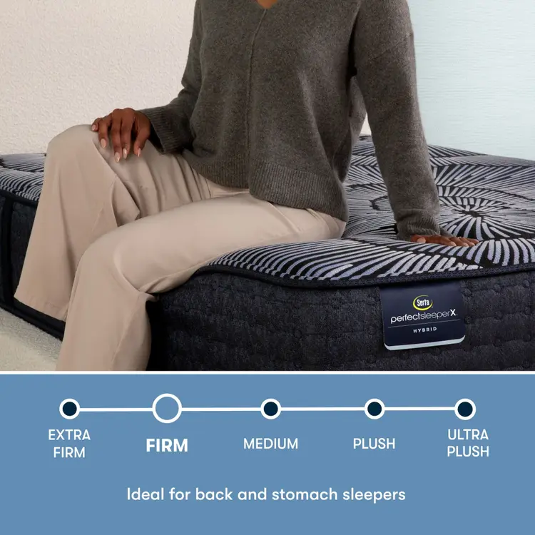 Perfect Sleeper X Hybrid Aspen Firm Mattress comfort scale with a woman sitting on the left side of the mattress || feel: firm || level: Level 1