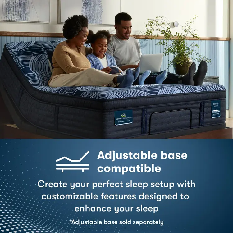 Family of 3, woman on the left, daughter in the middle and father on the right, sitting on a Perfect Sleeper Pro New Paris Medium Mattress that is sitting in an adjustable base || Level: Level 3 || Feel: Medium