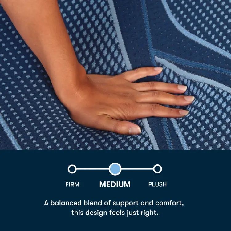 Hand on a blue Serta® iSeries® NXG™ textured blanket with support and comfort text