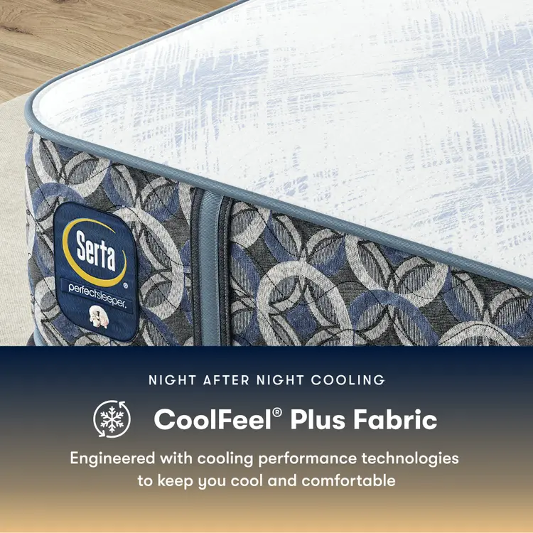 Serta perfect sleeper hybrid medium mattress with CoolFeel Plus Fabric feature on a wooden floor.