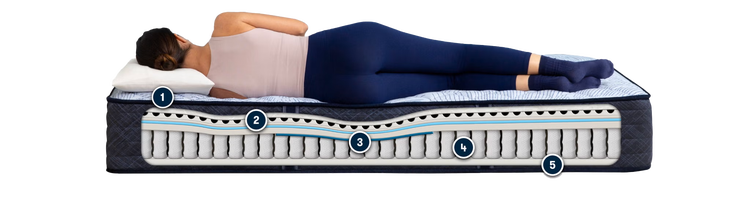 woman laying on the perfect sleeper innerspring mattress that shows the inside layers