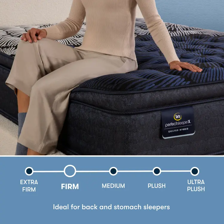 Perfect Sleeper X Quilted Hybrid Max Firm Pillow Top comfort scale with a woman sitting on the left side of the mattress || feel: Firm Pillow Top || level: Level 2