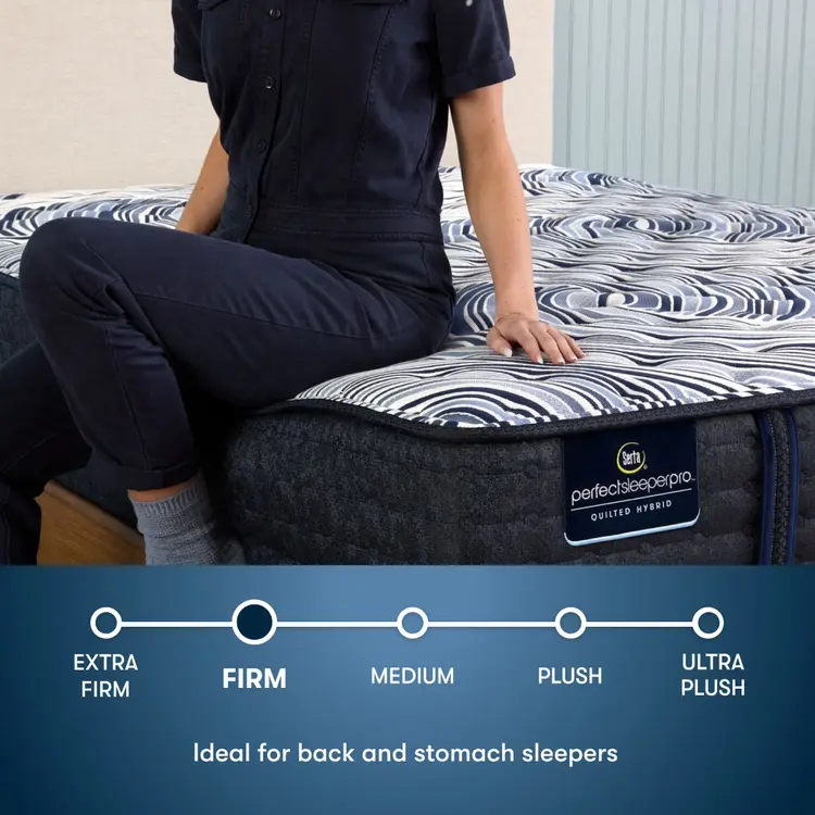 Perfect Sleeper Pro Geneva Firm Mattress comfort scale with a woman pictured sitting on left side of the bed || Level: Level 2 || Feel: Firm