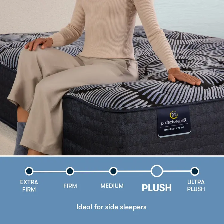 Perfect Sleeper X Quilted Hybrid Knox Plush comfort scale with a woman sitting on the left side of the mattress || feel: Plush || level: Level 1