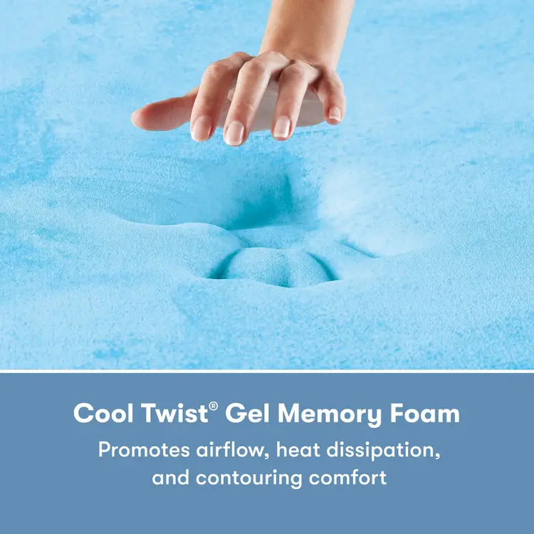Woman's hand pressing on the memory foam inside of a Perfect Sleeper X Quilted Hybrid Max Firm Pillow Top Mattress || feel: Firm Pillow Top || level: Level 2