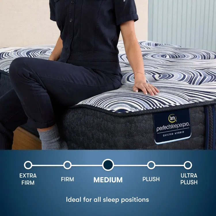 Perfect Sleeper Pro Dublin Medium Mattress comfort scale with a woman pictured sitting on left side of the bed || Level: Level 2 || Feel: Medium